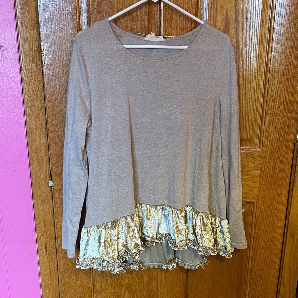 Entro Grey Long Sleeve Tunic with Shimmering Bow & Ruffles